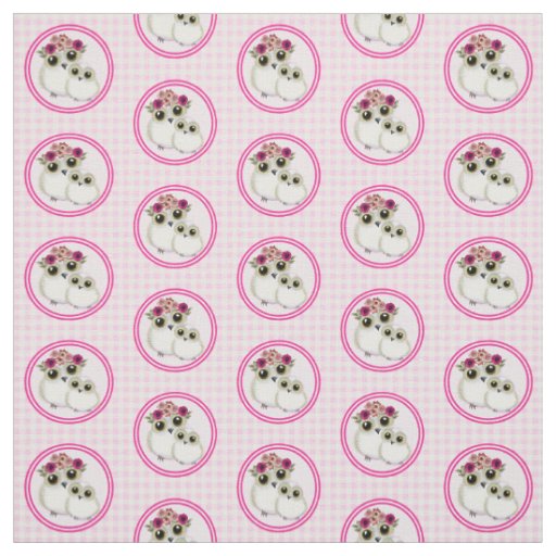 Owls Cute Pink White Gingham Plaid Fabric