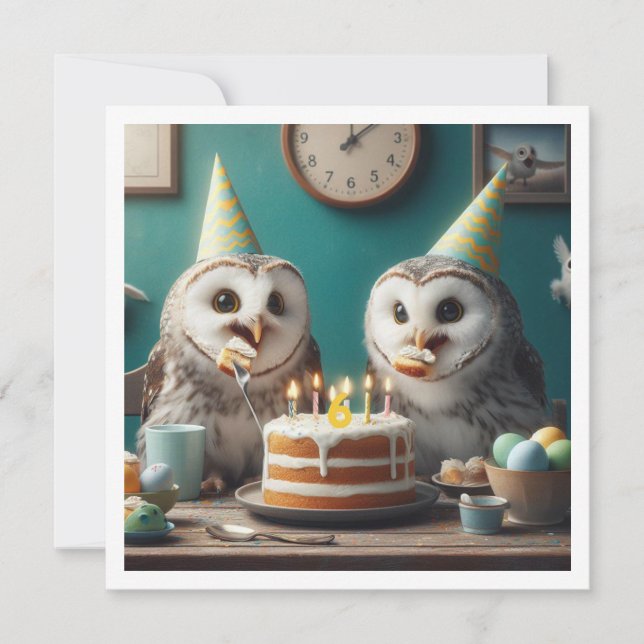 Owls eating cake, funny owl birthday invite (Front)