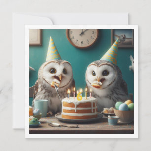 Owls eating cake, funny owl birthday invite