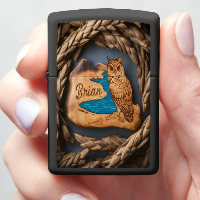 Owl's Embrace on Wooden Art Zippo Lighter (In Hand)
