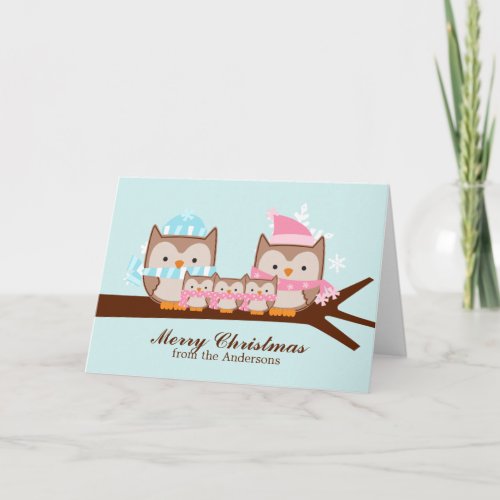 Owls Family of 5 Christmas Holiday Card