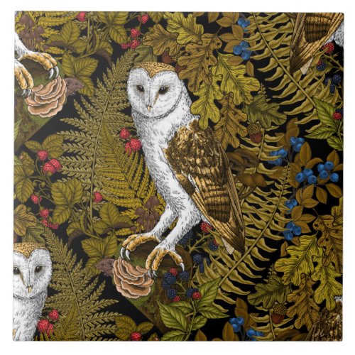 Owls ferns oak and berries 2 ceramic tile