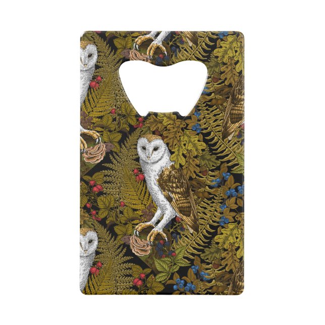 Owls, ferns, oak and berries 2 credit card bottle opener (Front)