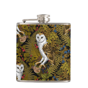 Owls, ferns, oak and berries 2 flask
