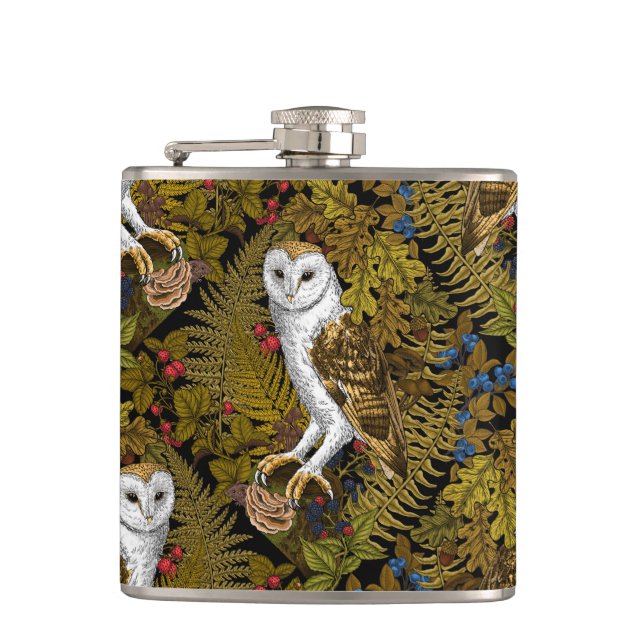 Owls, ferns, oak and berries 2 flask (Front)