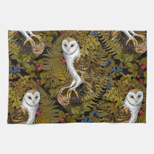 Owls, ferns, oak and berries 2 kitchen towel