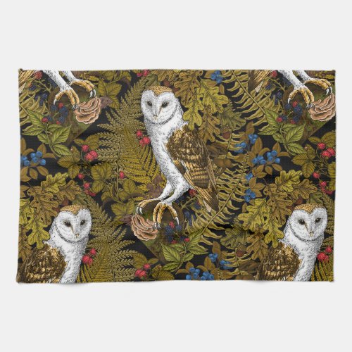 Owls ferns oak and berries 2 kitchen towel