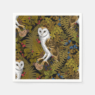 Owls, ferns, oak and berries 2 napkins