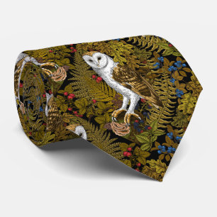Owls, ferns, oak and berries 2 neck tie