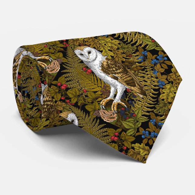 Owls, ferns, oak and berries 2 neck tie (Rolled)