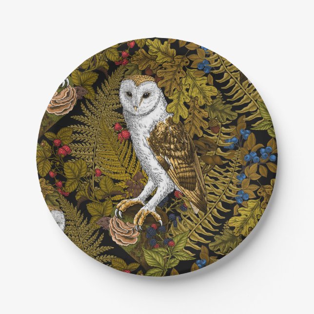 Owls, ferns, oak and berries 2 paper plates (Front)
