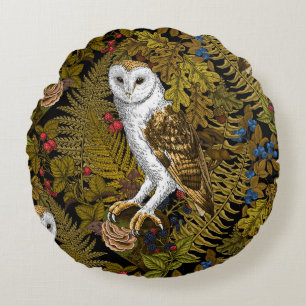 Owls, ferns, oak and berries 2 round pillow