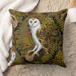 Owls, ferns, oak and berries 2 throw pillow