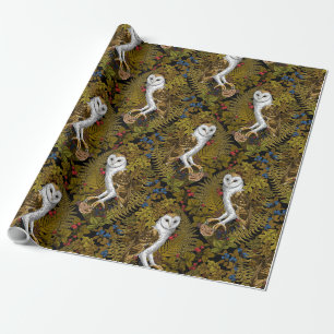 Owls, ferns, oak and berries 2 wrapping paper