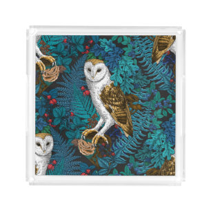 Owls, ferns, oak and berries 3 acrylic tray