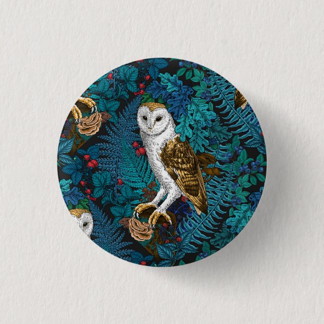 Owls, ferns, oak and berries 3 button (Front)