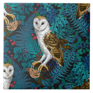 Owls, ferns, oak and berries 3 ceramic tile