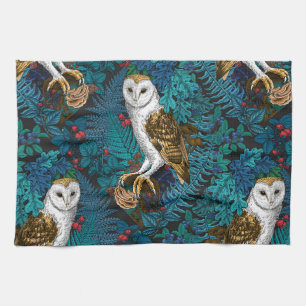 Owls, ferns, oak and berries 3 kitchen towel