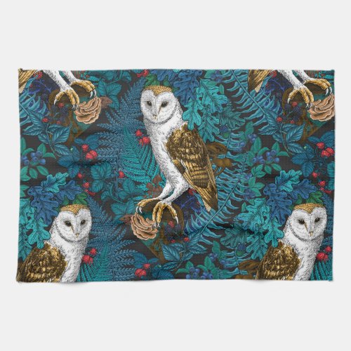 Owls ferns oak and berries 3 kitchen towel