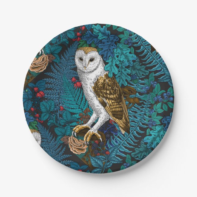 Owls, ferns, oak and berries 3 paper plates (Front)