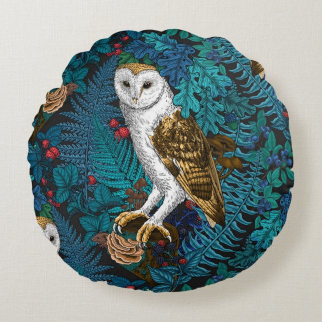 Owls, ferns, oak and berries 3 round pillow (Front)