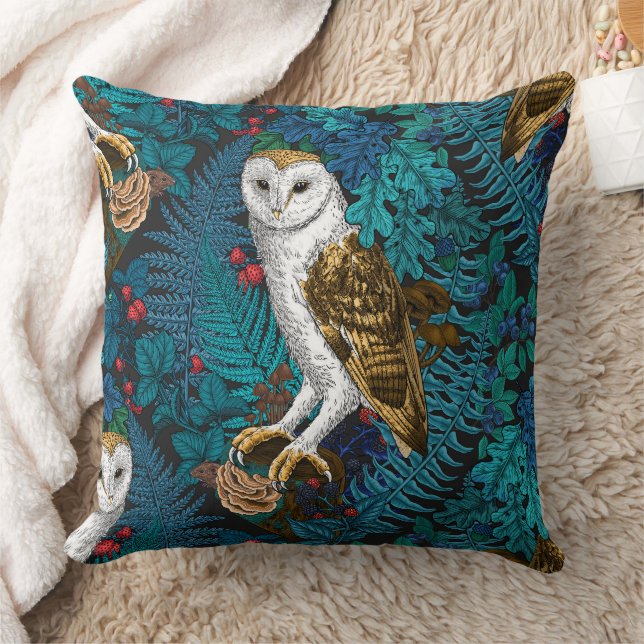 Owls, ferns, oak and berries 3 throw pillow (Blanket)