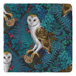 Owls, ferns, oak and berries 3 trivet