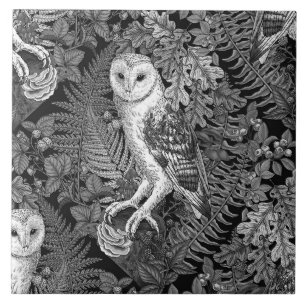 Owls, ferns, oak and berries 4 ceramic tile
