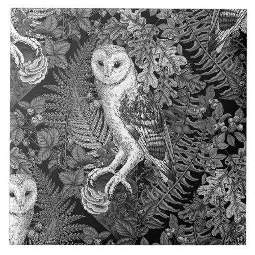 Owls ferns oak and berries 4 ceramic tile