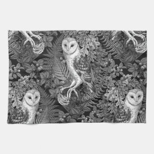 Owls, ferns, oak and berries 4 kitchen towel