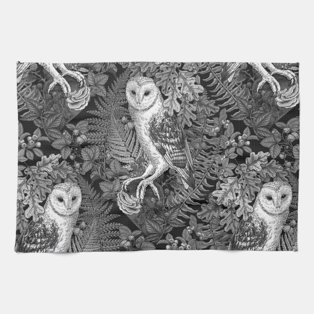 Owls, ferns, oak and berries 4 kitchen towel (Horizontal)