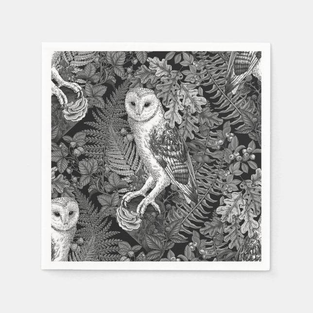 Owls, ferns, oak and berries 4 napkins (Front)