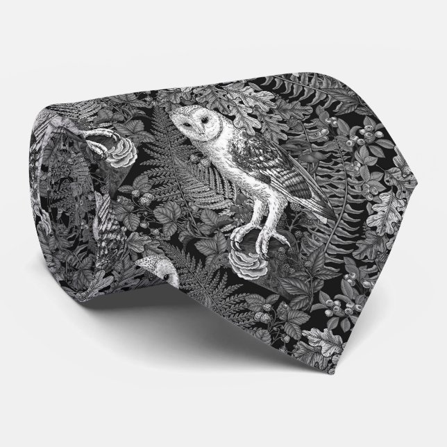 Owls, ferns, oak and berries 4 neck tie (Rolled)