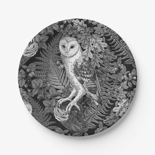 Owls, ferns, oak and berries 4 paper plates (Front)