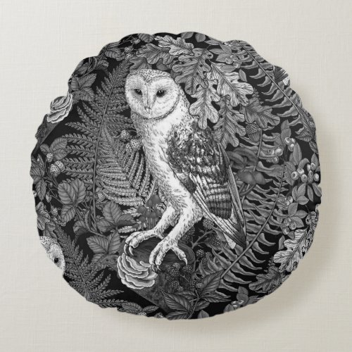 Owls ferns oak and berries 4 round pillow