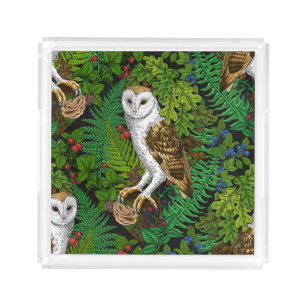 Owls, ferns, oak and berries acrylic tray