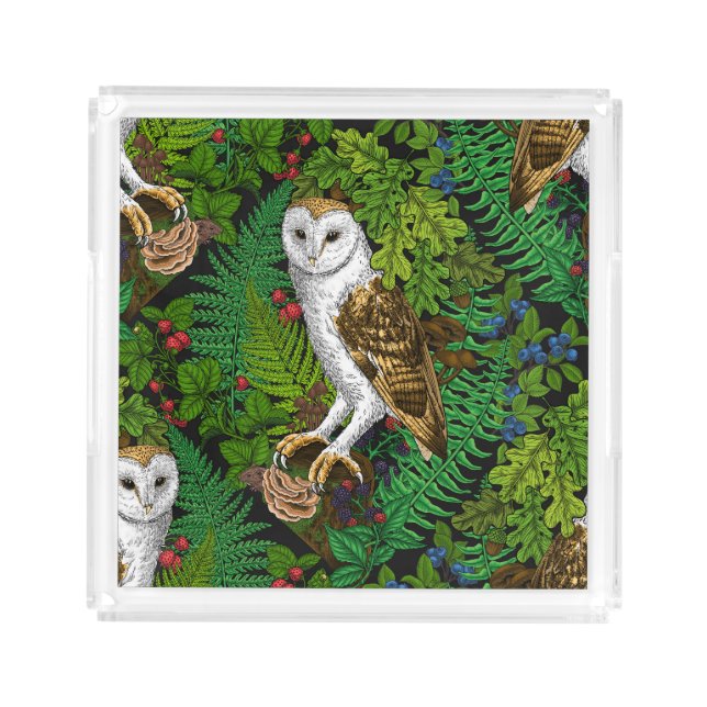 Owls, ferns, oak and berries acrylic tray (Front)