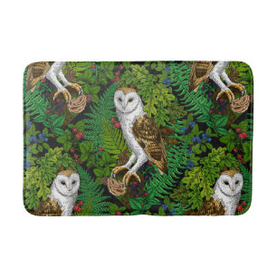 Owls, ferns, oak and berries bath mat