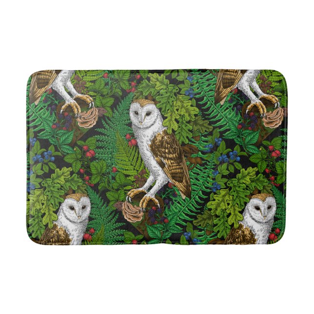 Owls, ferns, oak and berries bath mat (Front)