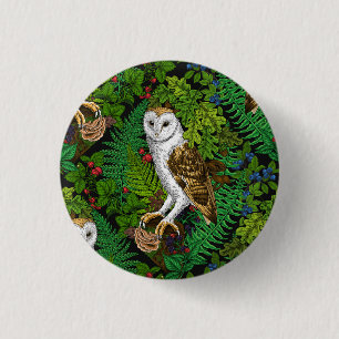 Owls, ferns, oak and berries button