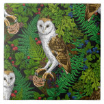 Owls, ferns, oak and berries ceramic tile<br><div class="desc">Hаnd-painted owls,  mouse,  forest berries and ferns, seamless pattern</div>