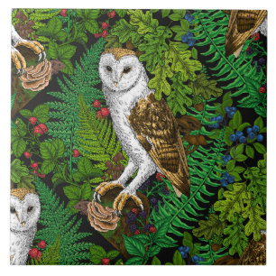 Owls, ferns, oak and berries ceramic tile