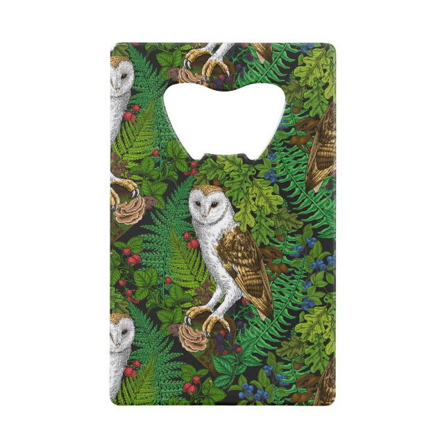 Owls, ferns, oak and berries credit card bottle opener (Front)