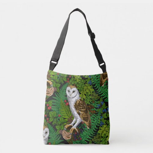 Owls ferns oak and berries crossbody bag