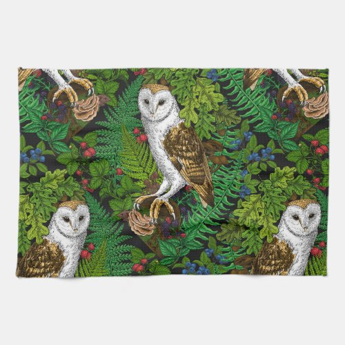Owls ferns oak and berries kitchen towel
