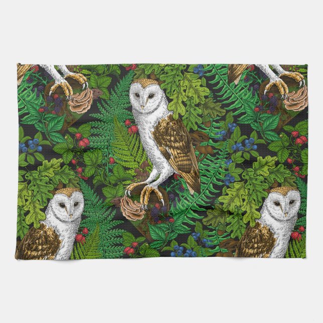 Owls, ferns, oak and berries kitchen towel (Horizontal)