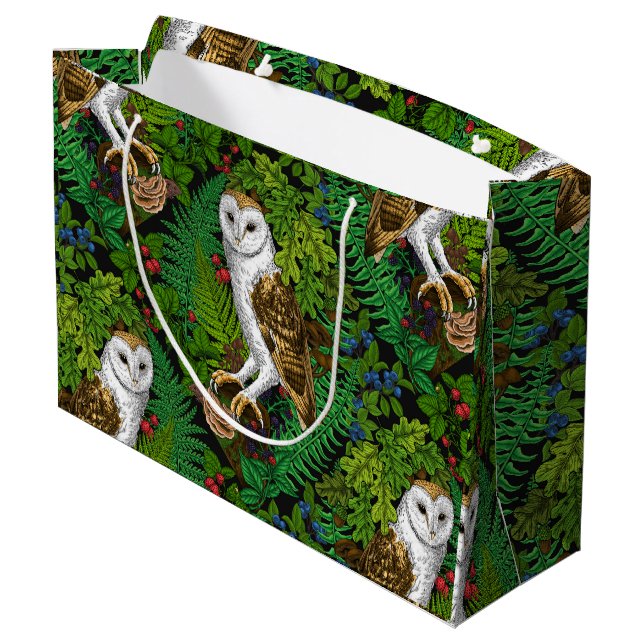 Owls, ferns, oak and berries large gift bag (Back Angled)