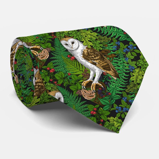 Owls, ferns, oak and berries neck tie (Rolled)