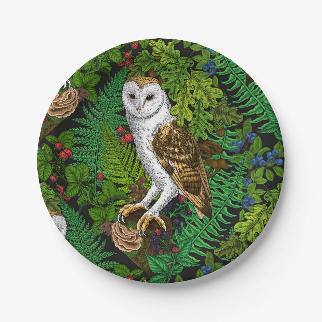 Owls, ferns, oak and berries paper plates (Front)