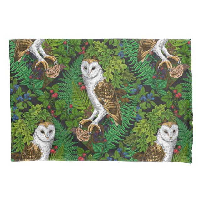 Owls, ferns, oak and berries pillow case (Front-Left)